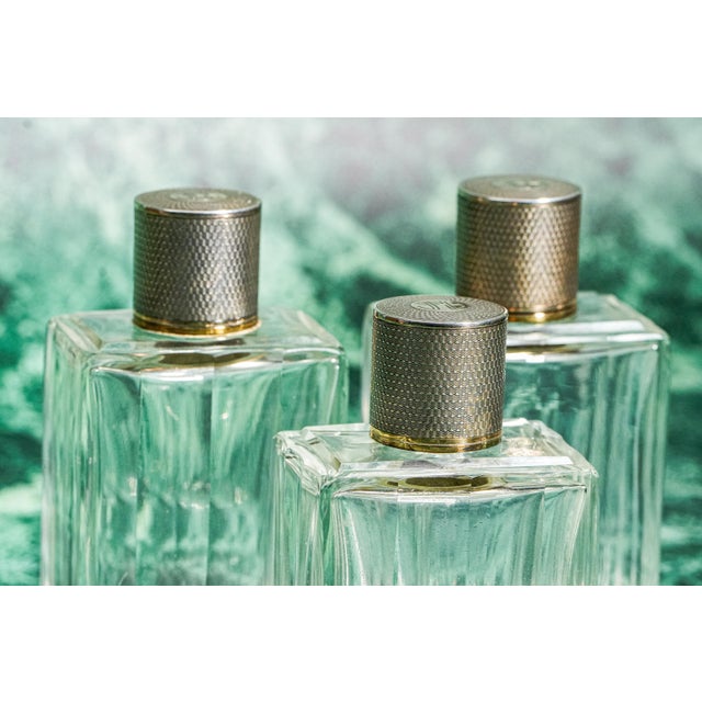 Stunning Engine Turned Antique French Sterling Silver Crystal Vanity Dresser Set Cologne Bottle Box Home Decor For Sale In New York - Image 6 of 16