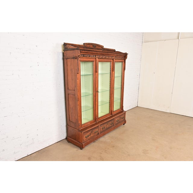 Herter Brothers Herter Brothers Style Antique Eastlake Victorian Carved Walnut Triple Bookcase or Display Cabinet, Circa 1880s For Sale - Image 4 of 12