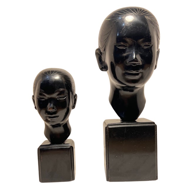 Black Mid-Century Nguyen Thanh Le Bronze Bust of Young Vietnamese Women- A Pair For Sale - Image 8 of 18