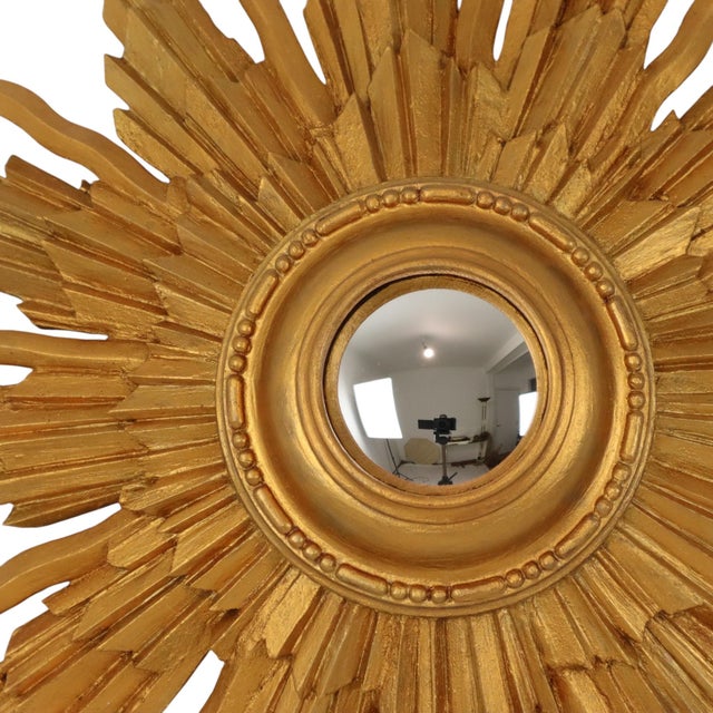 Wood Vintage Convex Sunburst Mirror in Gilt Wood, 1950s For Sale - Image 7 of 17