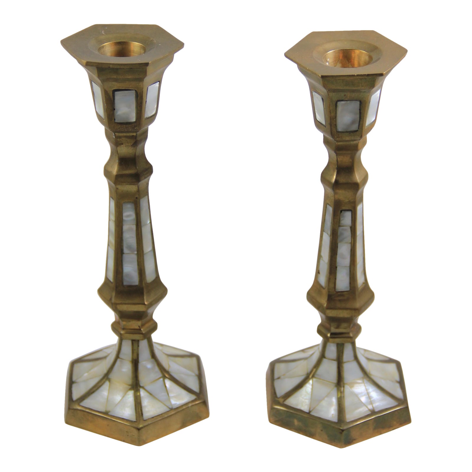 Vintage Brass & Mother of Pearl Inlay Candlesticks Pair Chairish