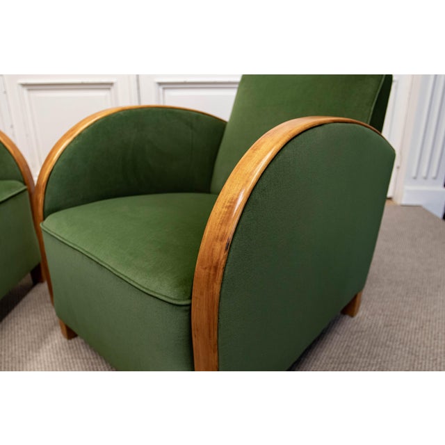 Vintage Green Velvet Lounge Chairs with Wooden Arm Overlays, Sweden, 1930, Set of 2 For Sale - Image 14 of 15