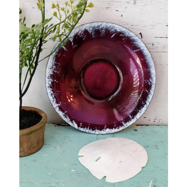 Enamel over Copper bowl. Deep plum color with frosty white edge. Please use photos as part of the description.