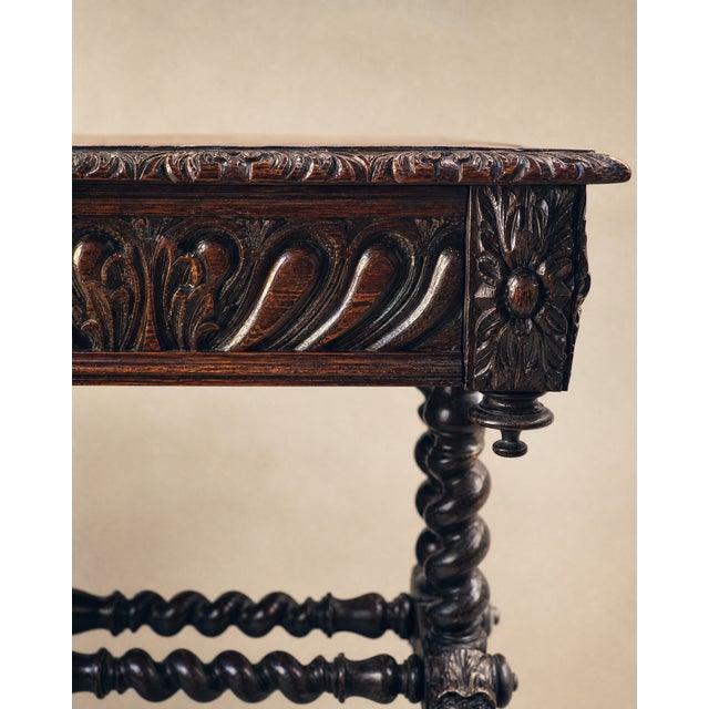 Antique English Jacobean Revival Carved Oak Library Writing Table by Hobbs & Co. London For Sale - Image 9 of 12