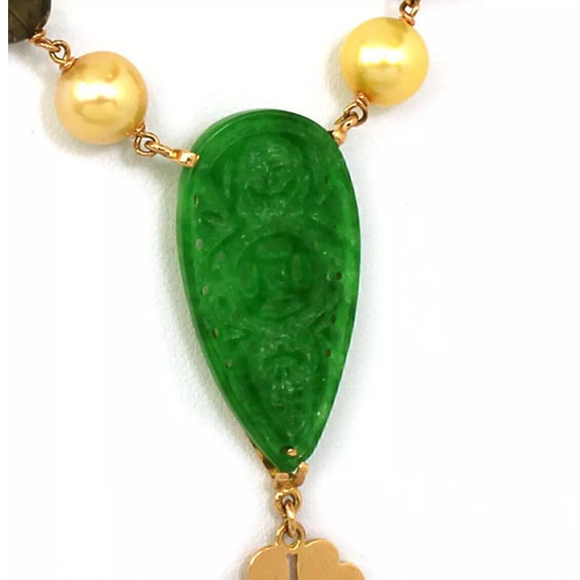 Leaderline Jade Pearls Smoky Quartz Gems 18k Rose Gold Necklace For Sale - Image 4 of 5