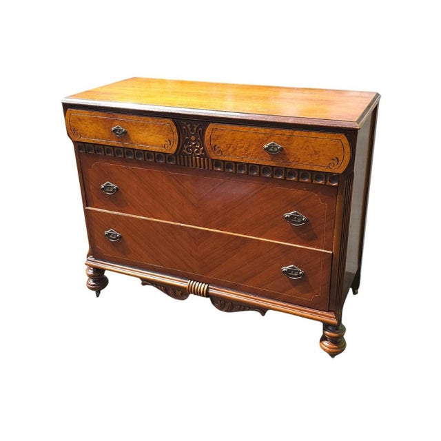Brown Early 20th Century Art Deco Chest Mahogany and Walnut Chest of Drawers With Mirror on Wheels For Sale - Image 8 of 10