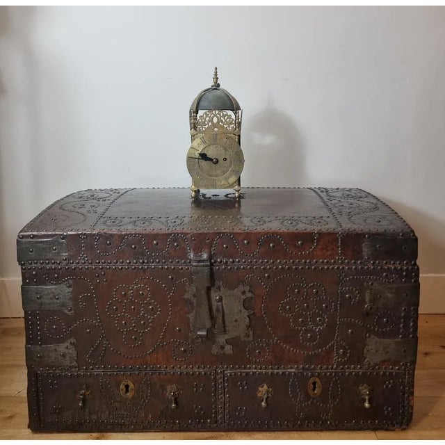 Wood 17th Century William and Mary Brass Studded Leather Chest For Sale - Image 7 of 11