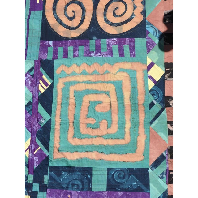 Vintage circa 1990's cotton textile artist made art quilt. Abstract design with spirals, dyed cotton, machine pieced and...