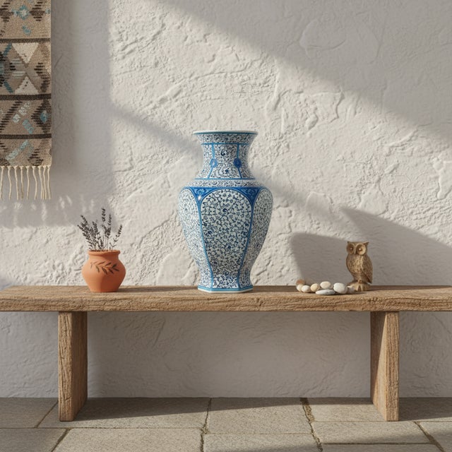 Turkish Handmade Ceramic Iznik Vase (Faceted Form) Blue Golden Horn (Halic) Style Scroll Pattern For Sale - Image 3 of 8