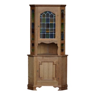 Mid-Century Danish Oak Corner Cabinet with Leaded Stained Glass, 1940s For Sale