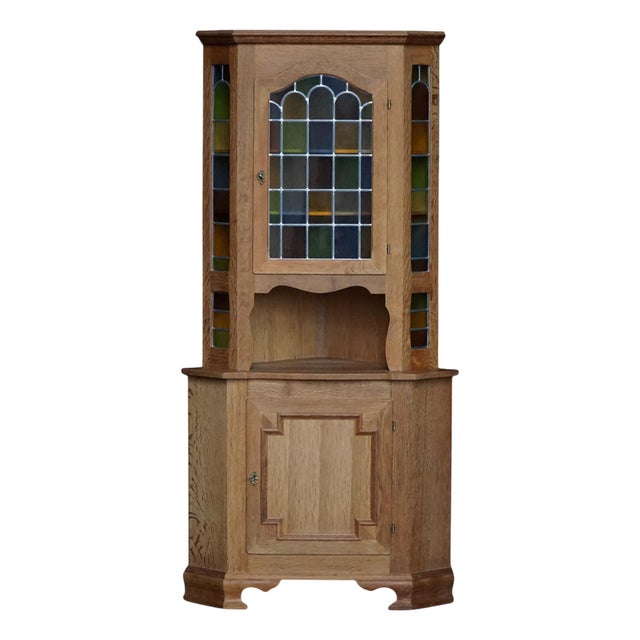 Mid-Century Danish Oak Corner Cabinet with Leaded Stained Glass, 1940s For Sale