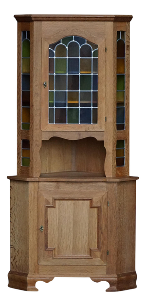Mid-Century Danish Oak Corner Cabinet with Leaded Stained Glass, 1940s