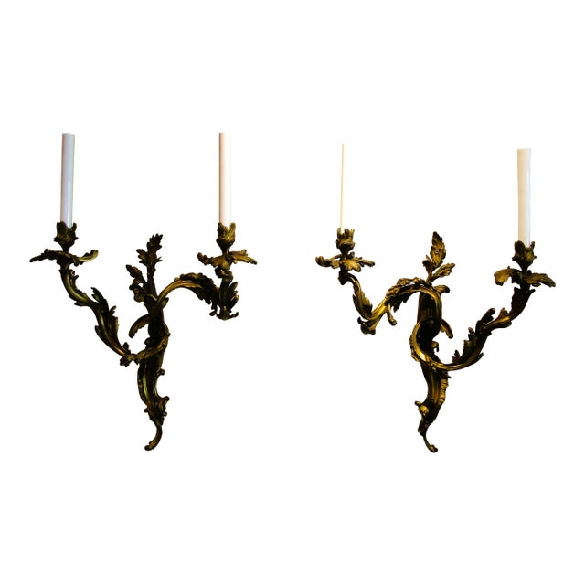 Antique Pair French 19th Century Louis XV Gilt Bronze Two Light Wall Sconces For Sale
