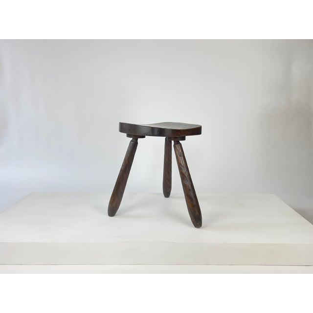 Vintage Brutalist Rustic Carved Wood Tripod Stool, France, 1930s For Sale - Image 12 of 12