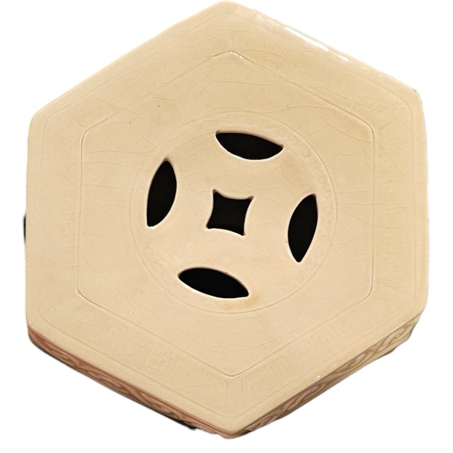Vintage Italian Chinoiserie Ceramic Garden Seat – Cream Blanc-De-Chine Floral Hexagonal Stool, 20″ For Sale - Image 10 of 12