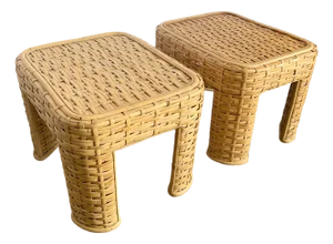 Boho Chic Woven Bamboo Rattan Side Tables - A Pair