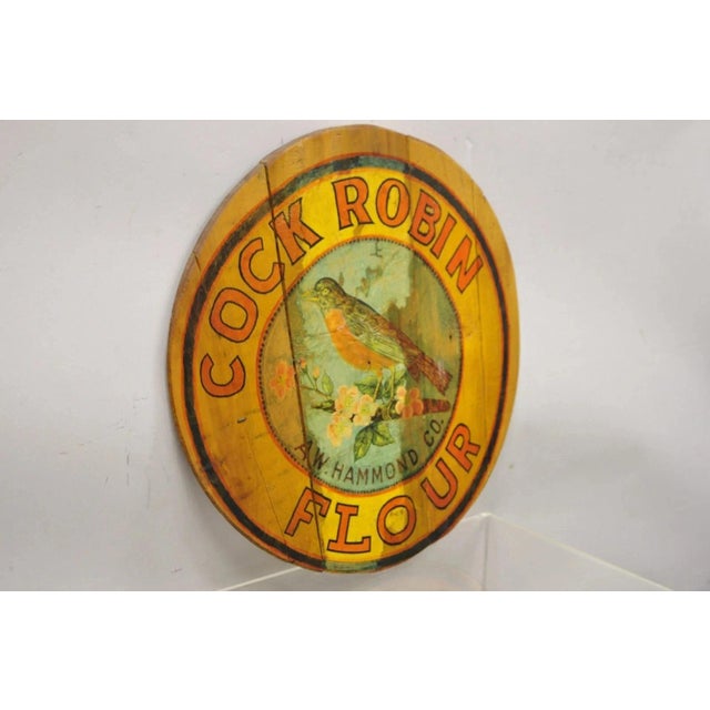 Vintage Cock Robin Flour Aw Hammond Co Round Wood Advertisement Plaque For Sale - Image 4 of 11