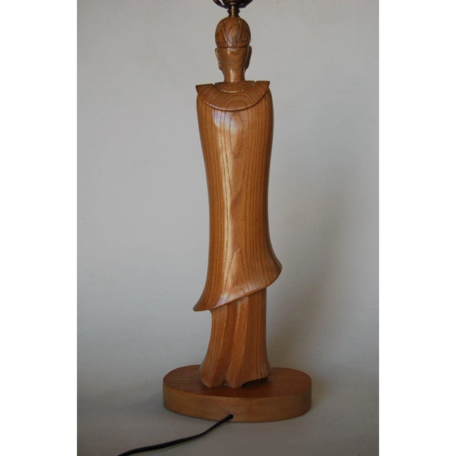 Yellow Mid-Century Carved Oak Chinese Monk Wood Figure Lamp For Sale - Image 8 of 12
