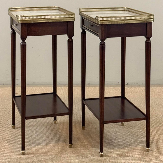 Pair of Antique French Louis XVI Mahogany End Tables With Carrara Marble Tops For Sale - Image 13 of 18