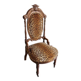 19th Century Carved Wood Leopard Upholstered Slipper Chair For Sale