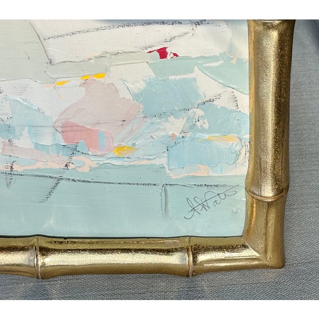 Mellow colors and a smaller size temper this whirling dervish of Spring in paint, graphite, and mixed media on gesso...