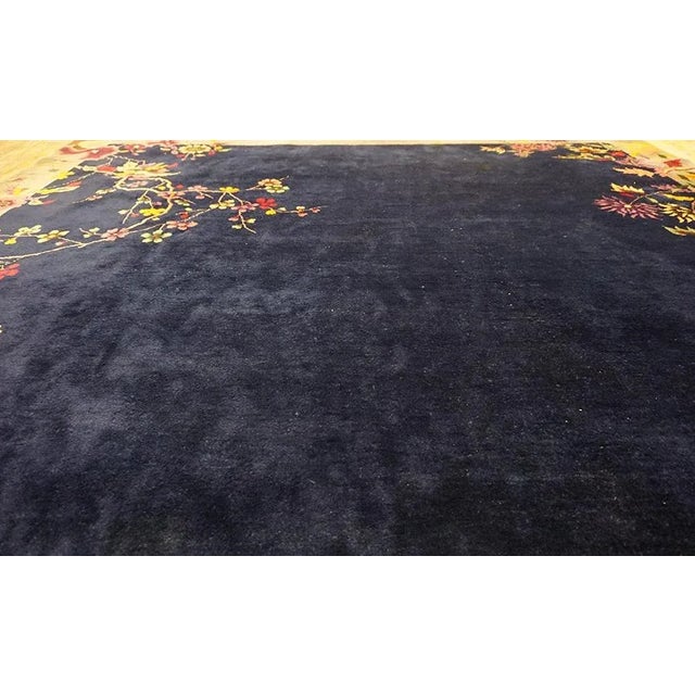Textile 1920s Blue Navy Flowers Birds Antique Chinese Art Deco Carpet 9' X 11'10'' Knotted Wool Rug For Sale - Image 7 of 14