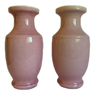Blush Pink Crackle-Glaze Ceramic Vases - Pair For Sale
