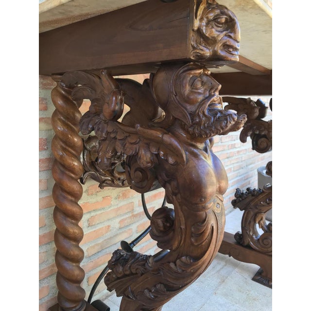19th Century Console Carved Table Renaissance with Beige Marble Top For Sale In Miami - Image 6 of 18