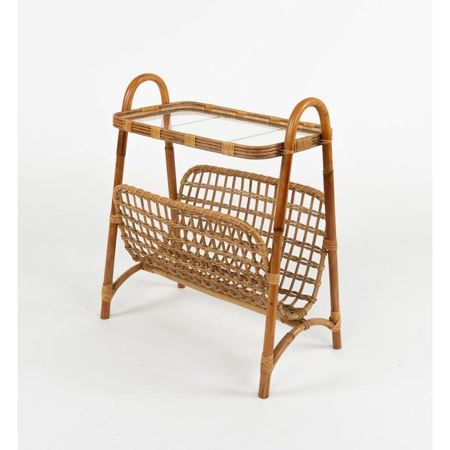 Mid-Century Bamboo, Rattan and Glass Side Table with Magazine Rack, Italy, 1960s For Sale - Image 9 of 18
