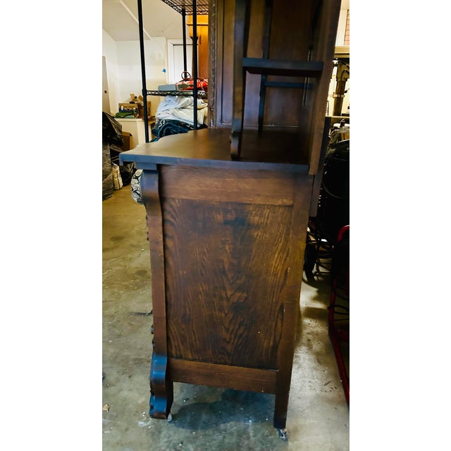 Wood Antique Victorian Carved Tiger Oak Wood Buffet With Mirror For Sale - Image 7 of 12