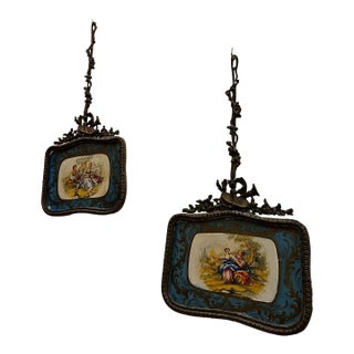 French-Style Decorative Wall Plaques – Set of 2 With Hand-Painted Romantic Scenes & Ornate Metal Frames For Sale