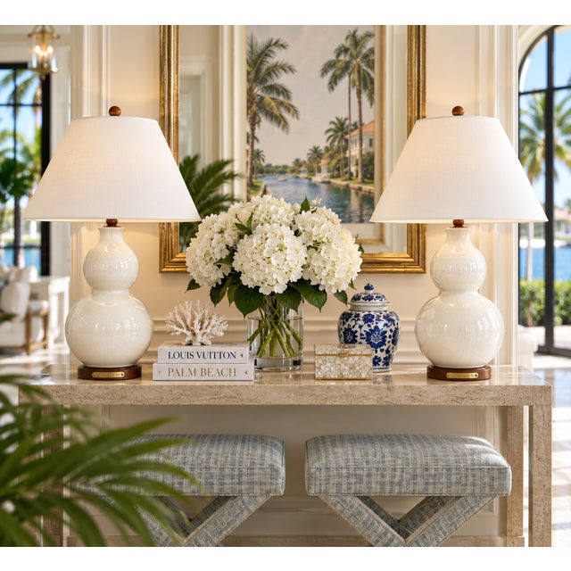 2020s Ralph Lauren White Glazed Ceramic Crackle Double Gourd Ginger Jar Lamps - Pair For Sale - Image 5 of 6