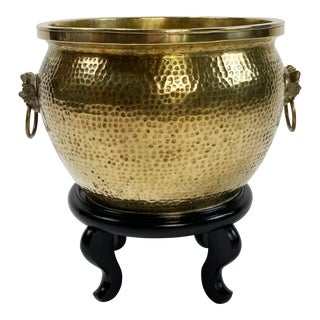 Vintage Hammered Brass Planter With Foo Dog Handles on Stand For Sale