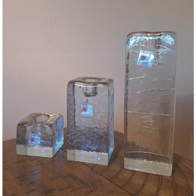 Glass 1980s Blenko Glass Ice Block Candle Holders - Set of 3 For Sale - Image 7 of 7
