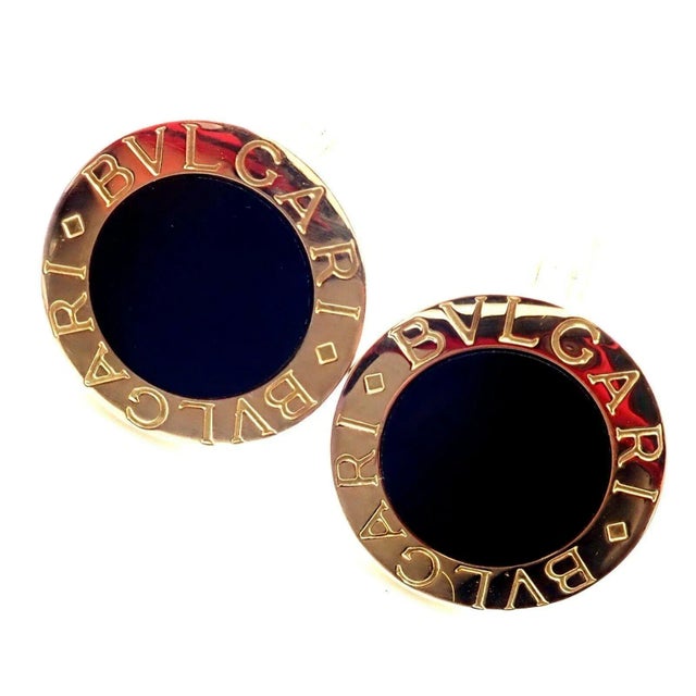 Contemporary Bvlgari Bulgari 18k Yellow Gold Black Onyx Cufflinks, Pair For Sale - Image 3 of 9