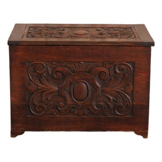 Vintage Jacobean Style Carved Oak Chest For Sale