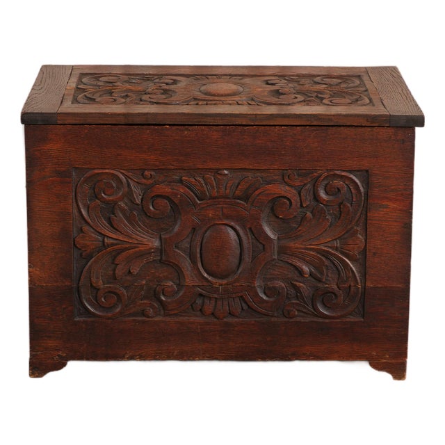 Vintage Jacobean Style Carved Oak Chest For Sale