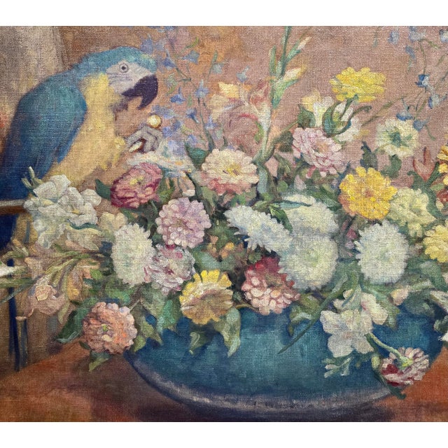Montague Hall –Exotic Parrots and Floral Still Life – Early 20th Century Oil Painting For Sale In Los Angeles - Image 6 of 12