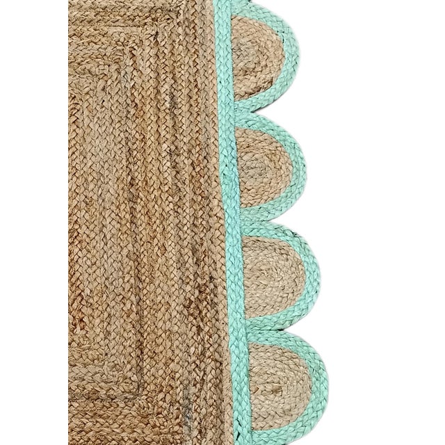 Handwoven Natural Jute Bath Rug With Mint Scalloped Border For Sale - Image 6 of 11