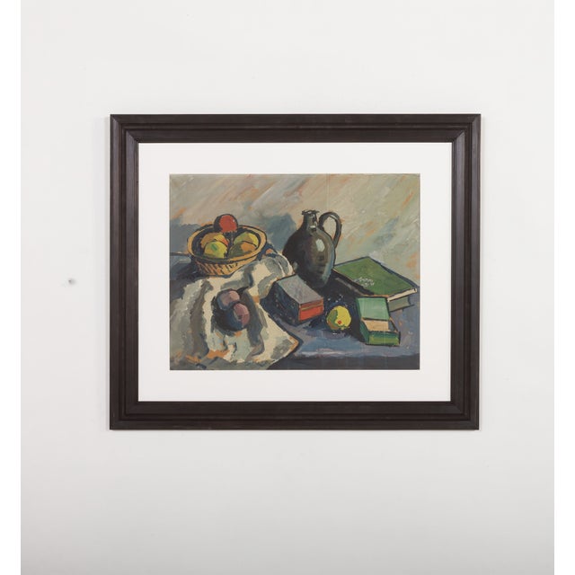 Oil on board/canvas, unknown artist, end of 20th century. A well-balanced still life composition featuring a basket of...