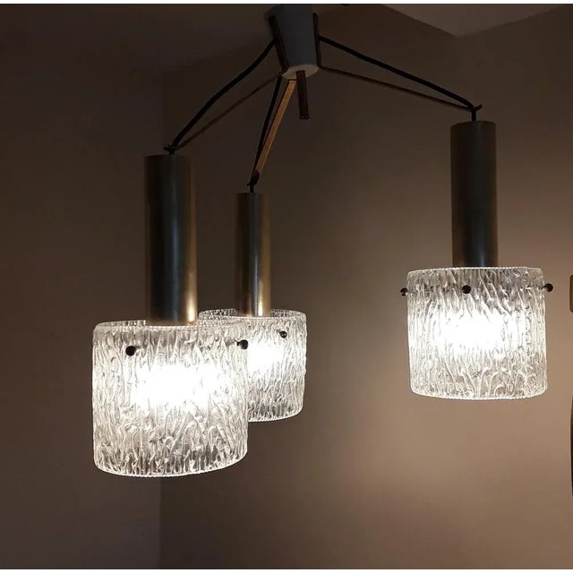 Vintage 3-Flame Ceiling Lamp with Brass Triangle Frame and Foam Glass Shades, 1960s For Sale - Image 6 of 7