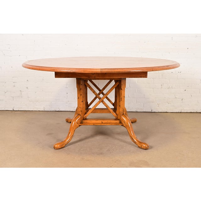 Guy Chaddock English Country Rustic Oak Pedestal Extension Dining Table With Patchwork Parquet Top, Newly Refinished For Sale - Image 14 of 15