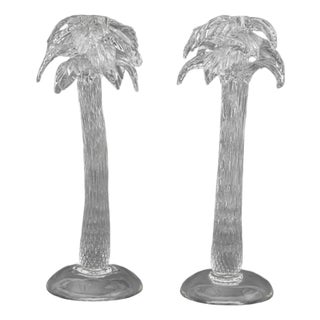 Murano Clear Art Glass Palm Tree Candlesticks, 2 For Sale