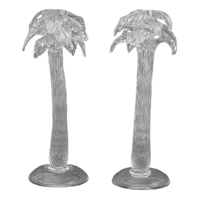 Murano Clear Art Glass Palm Tree Candlesticks, 2 For Sale