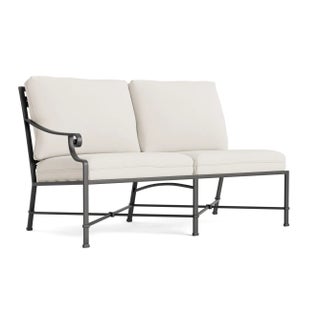 Brown Jordan Venetian Left Arm Loveseat, Textured Pewter frame with Fusion Natural fabric For Sale