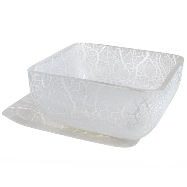 Boho Chic Murano Vintage Alfredo Barbini Signed White Scavo Surface Texture Italian Art Glass Candy Bowl For Sale - Image 3 of 9