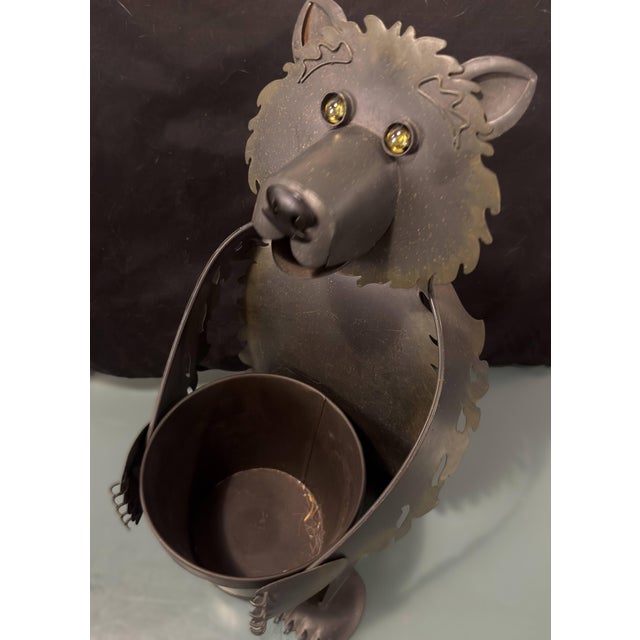 Vintage Hand-Crafted Artisan Metal Bear Sculpture Luminary & Planter For Sale - Image 11 of 17
