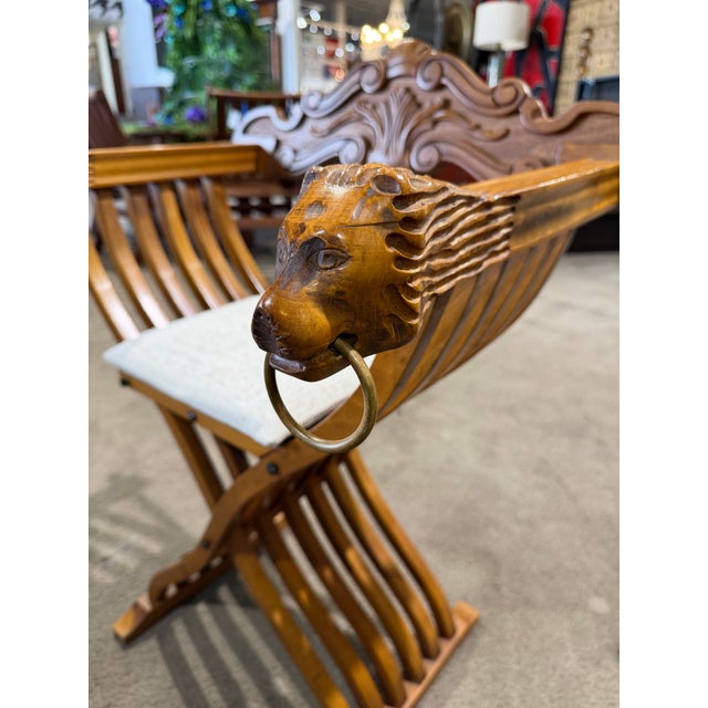 1970s Carved Brown Wood Dining Chair With Beige Cushion - 1979 For Sale - Image 5 of 5