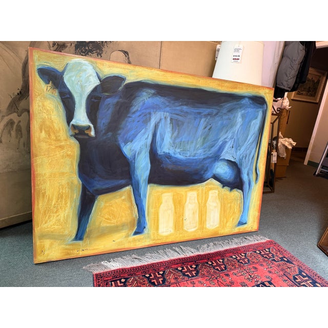 Suzanne Frazier Blue Cow Oil on Canvas Painting For Sale - Image 11 of 12