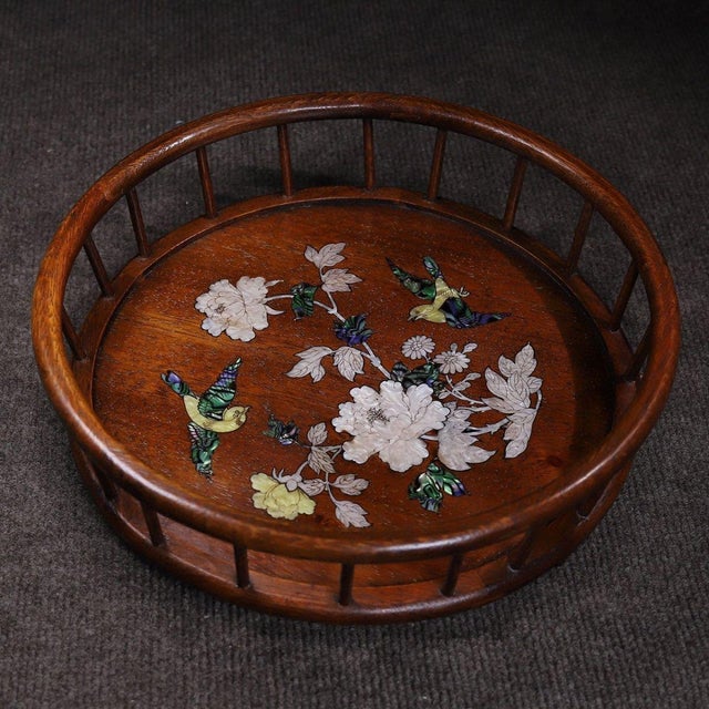 Chinese Vintage Chinese Rosewood Tea Tray | Mother-of-Pearl Inlaid Bird & Flower Motif For Sale - Image 3 of 9